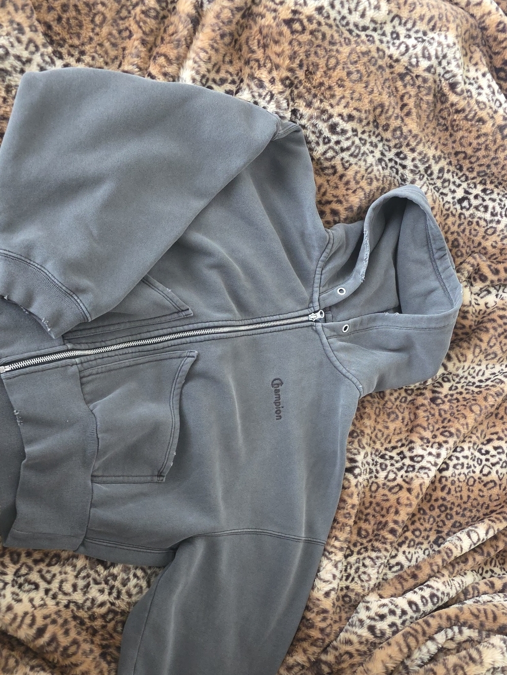 Distressed Champion Gray Full-Zip Hooded Utility Jacket